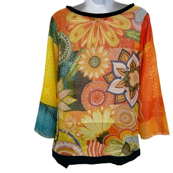 Desigual sheer festive top 3/4 sleeves floral Pom Pom V neckline orange yellow - Picture 2 of 16